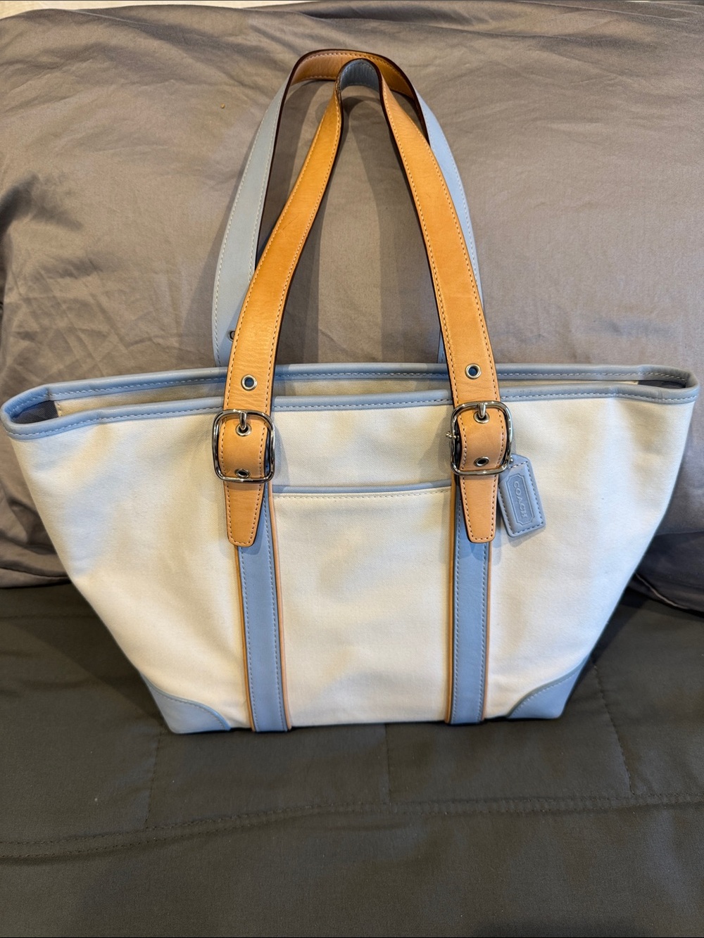 Coach Canvas Tote with Light Blue Trim and Tan Leather Handles